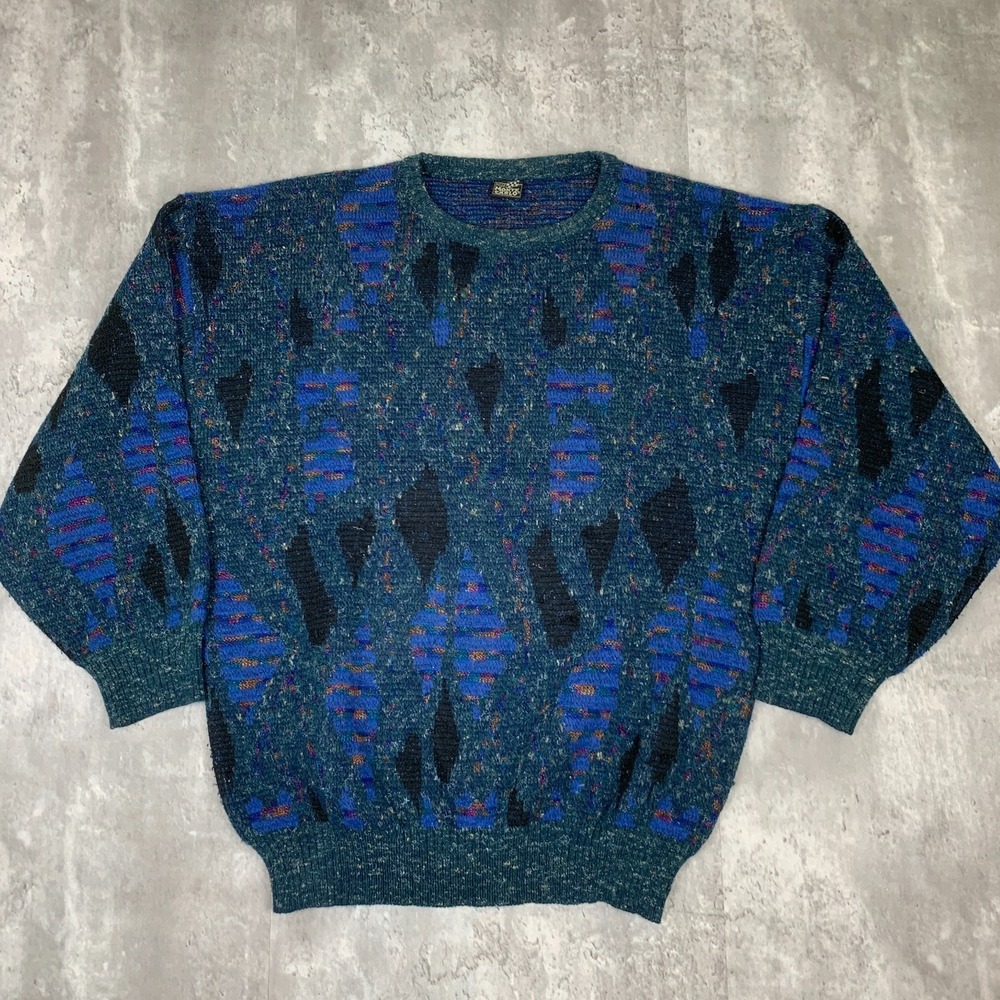 Vintage Monte Carlo Sweater Mens Medium Abstract Long Sleeve Wool Blend Pullover